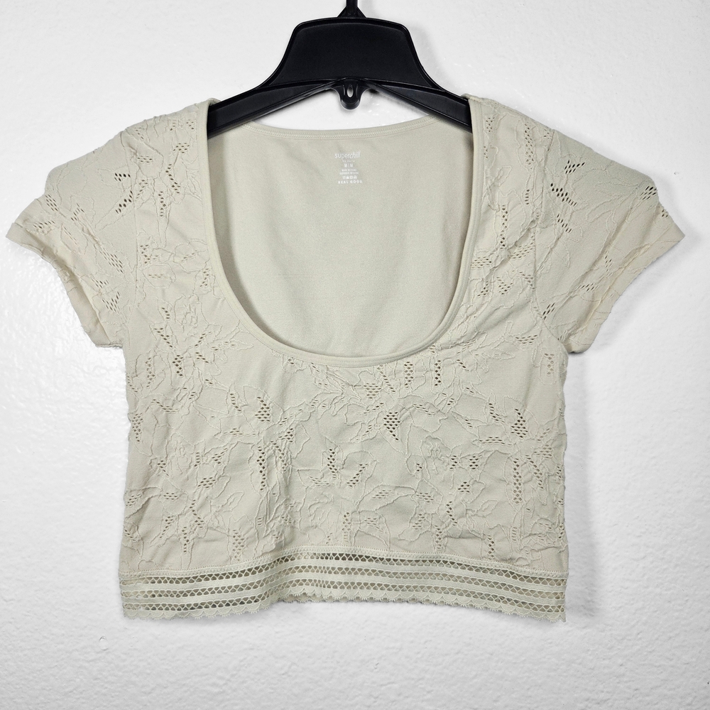 Aerie Superchill Lace Crop Top Soft Girl Baby Tee Cream Size M